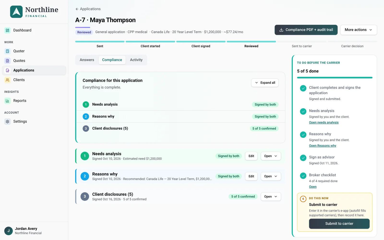 Application compliance tab with the to-do checklist before submitting to the carrier