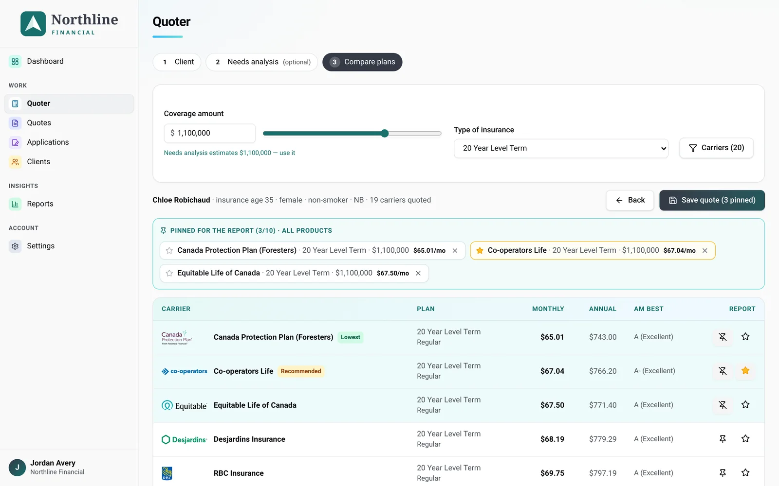 PolicyStream quoter comparing term plans from Canadian carriers with pinned options